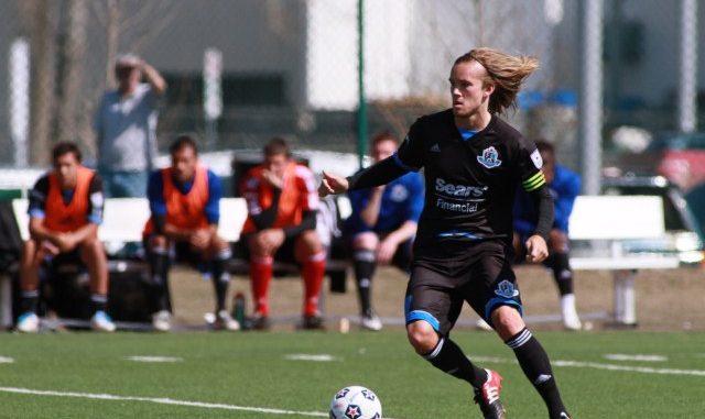 FC Edmonton's captain Paul Hamilton takes on the Minnesota Stars defense during NASL action at Clarke Stadium on Sunday afternoon. The Eddies fell to the Stars 4-3 in front of 1,300 fans for the home opener. Hamilton scored one of FC Edmonton's 3 goals.